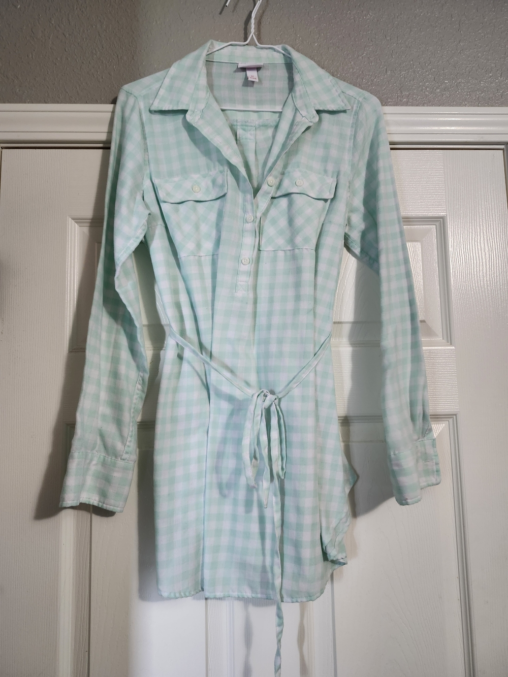 Light Mint Gingham Tie-Waist Sleep Shirt - Women